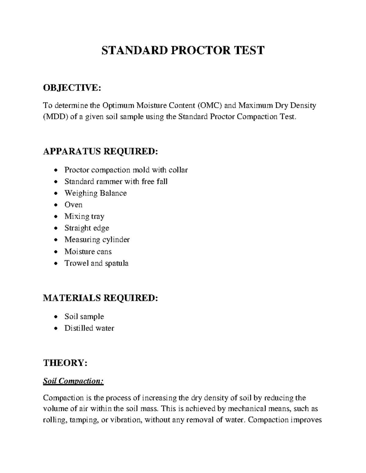 Standard Proctor Test Report: MDD & OMC Determination - Studocu