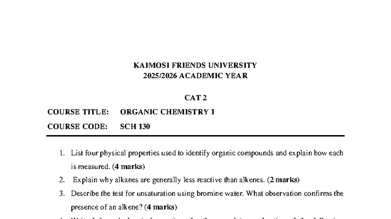 SCH 130 QUIZ 2 - Organic Chemistry Properties & Reactions - Studocu
