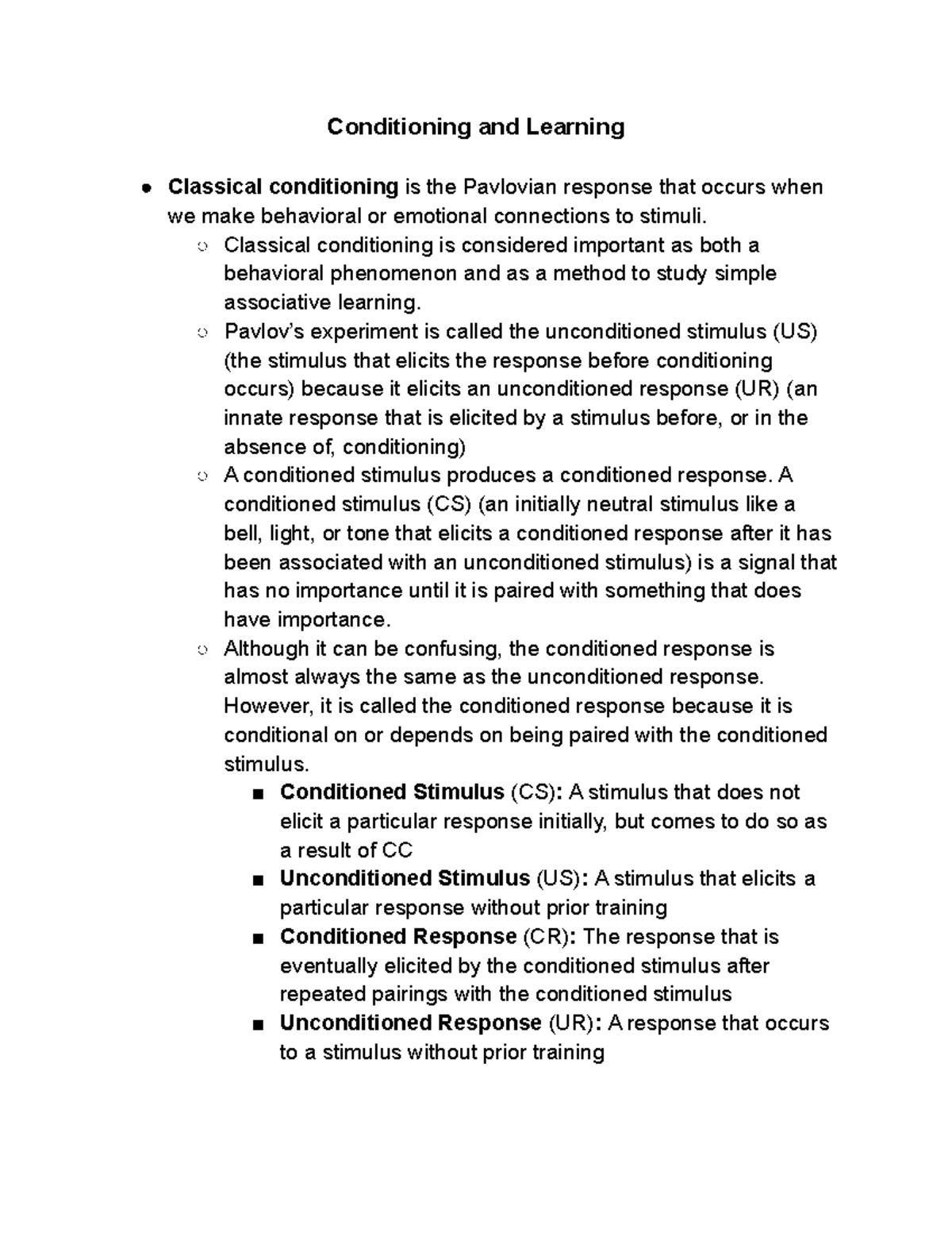Psychology 101: Conditioning & Learning Final Exam Notes - Studocu