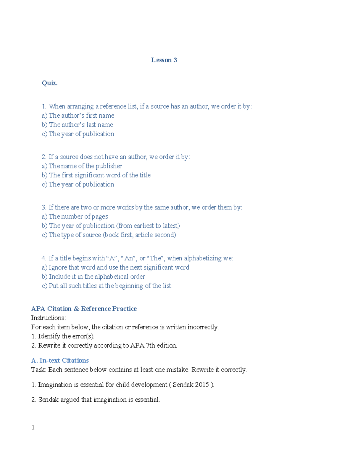 APA Citation Practice Worksheet: Lesson 3 Quiz - Studocu