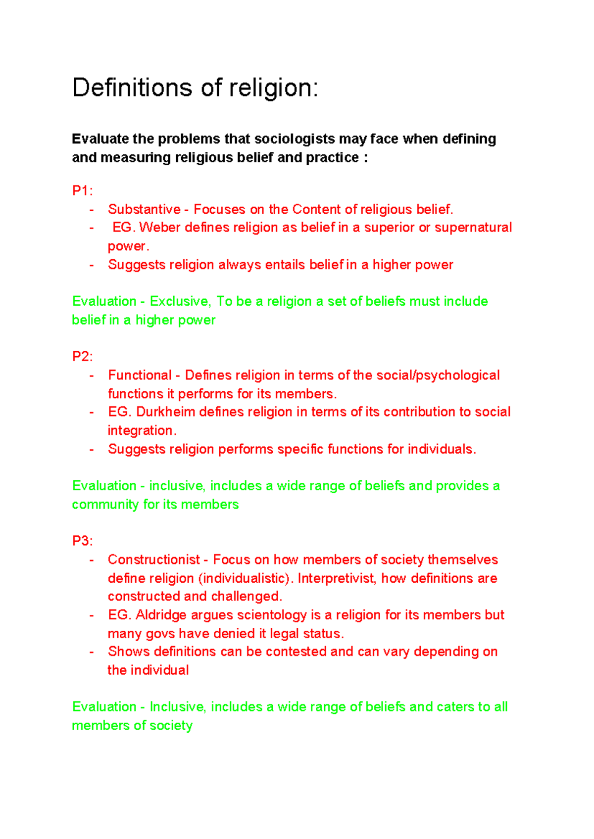 Definitions of Religion: Essay Plan for 20 Marks Evaluation - Studocu