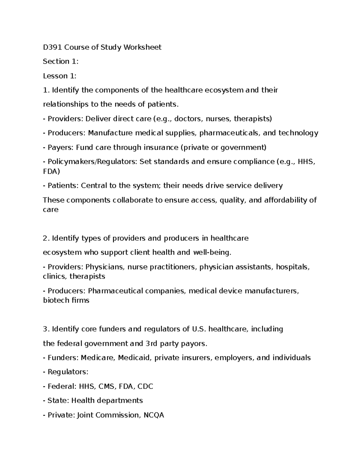 D391 Study Worksheet: Understanding the Healthcare Ecosystem and Its ...