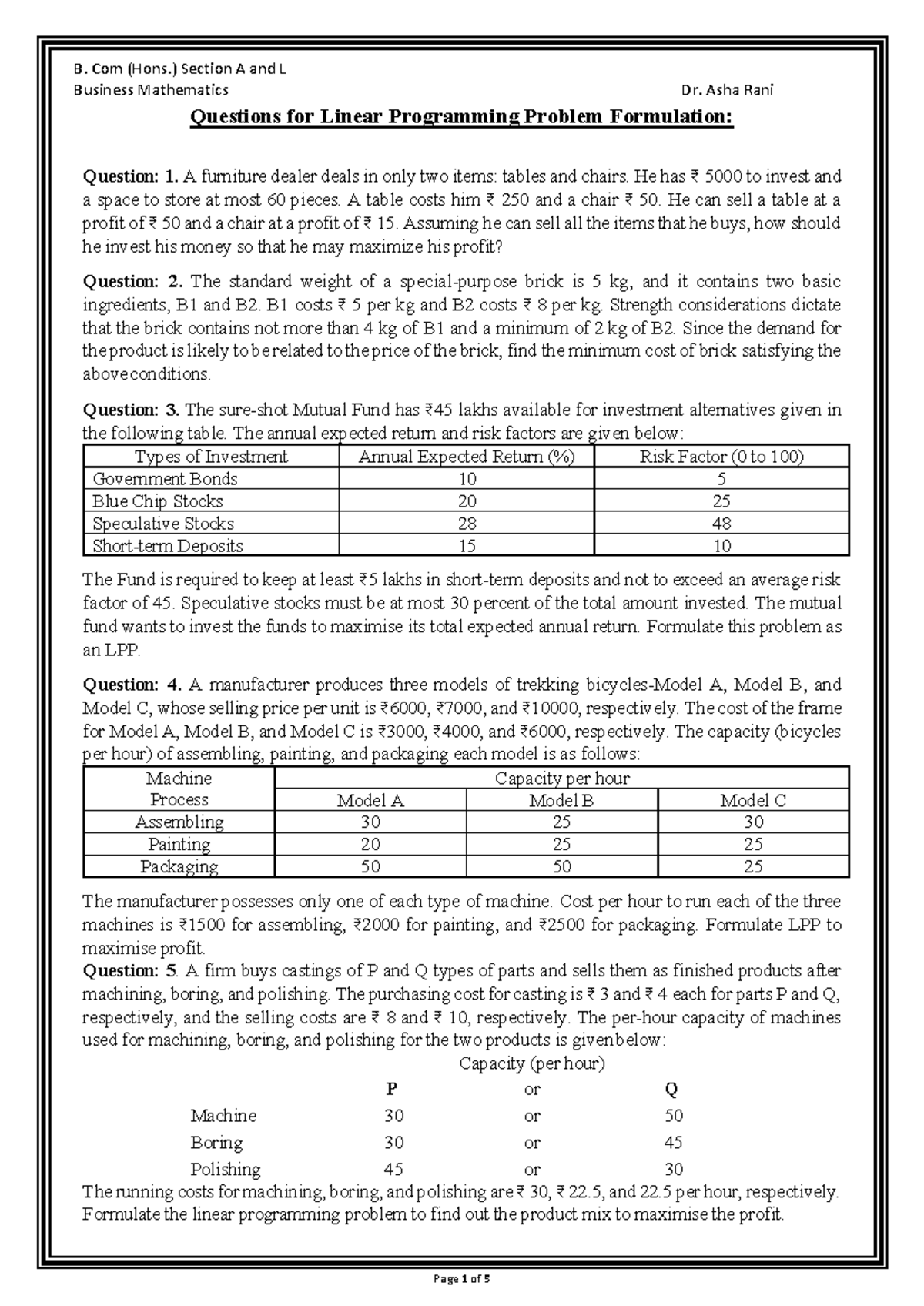 B. Com (Hons.) Section A & L Business Mathematics: LPP Questions - Studocu