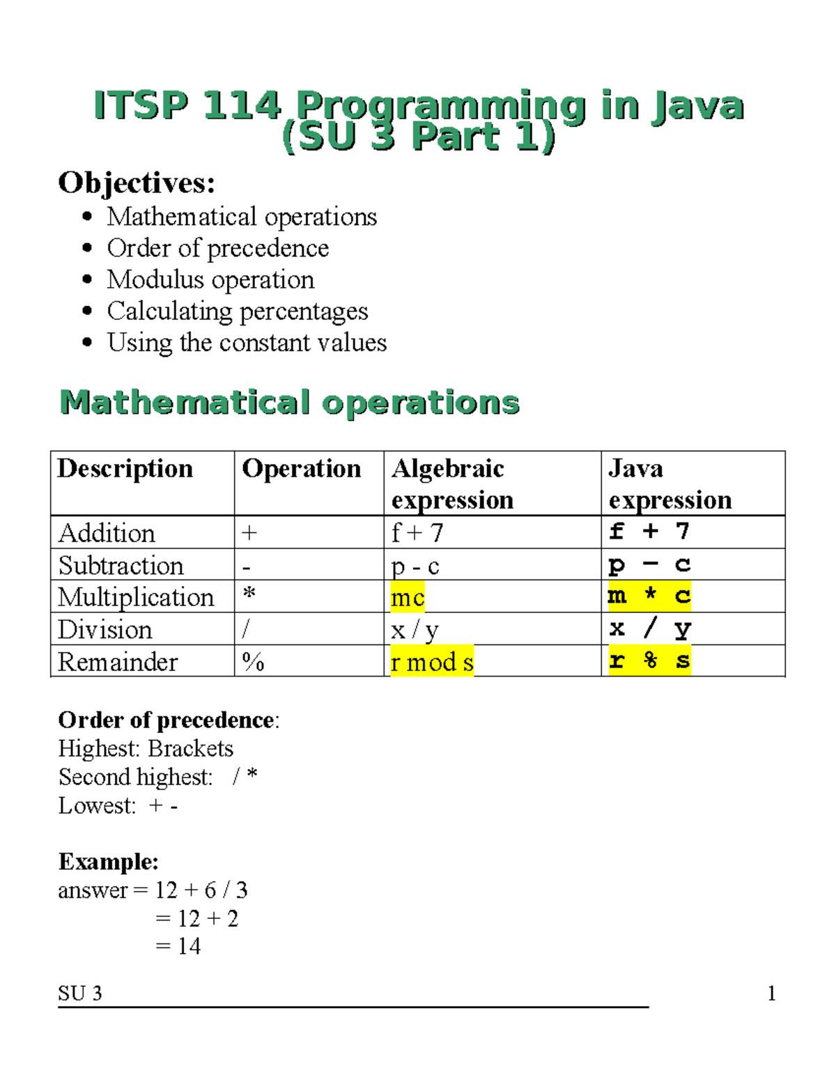 ITSP 114 SU3 Java Programming Notes & Calculations Part 1 - Studocu