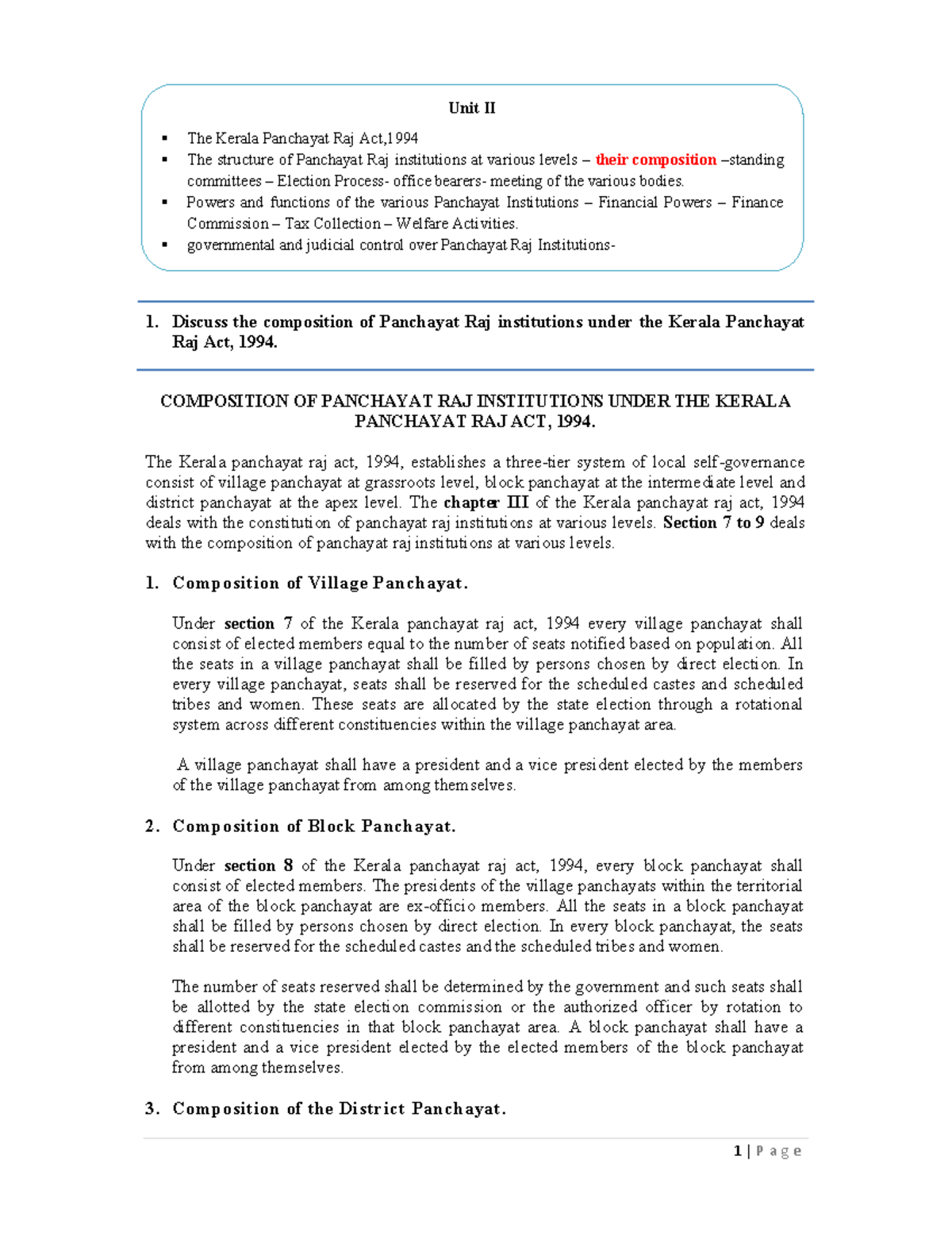 Unit II: Composition of Panchayat Raj Institutions under Kerala ...