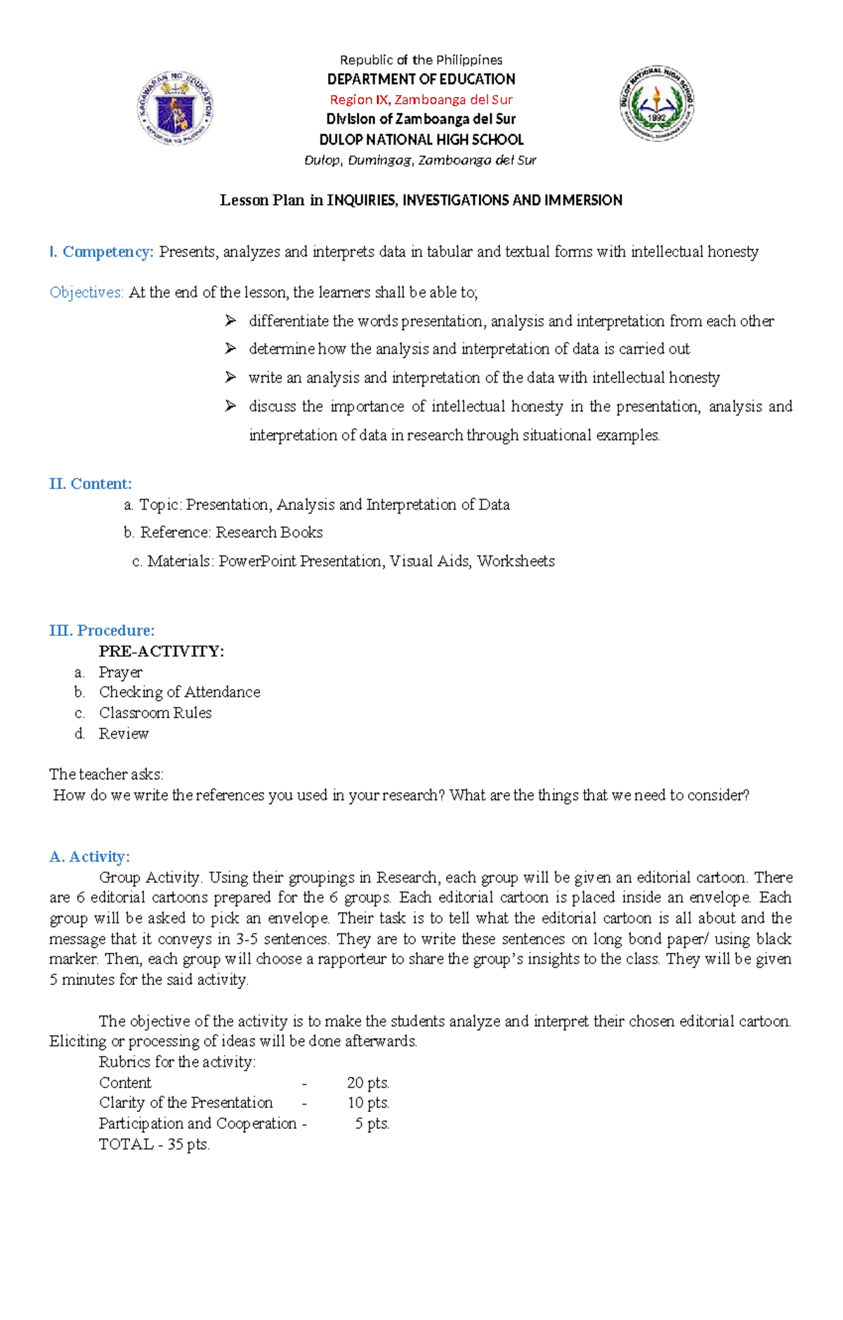 Lesson Plan: Presentation, Analysis & Interpretation of Data (3I's ...