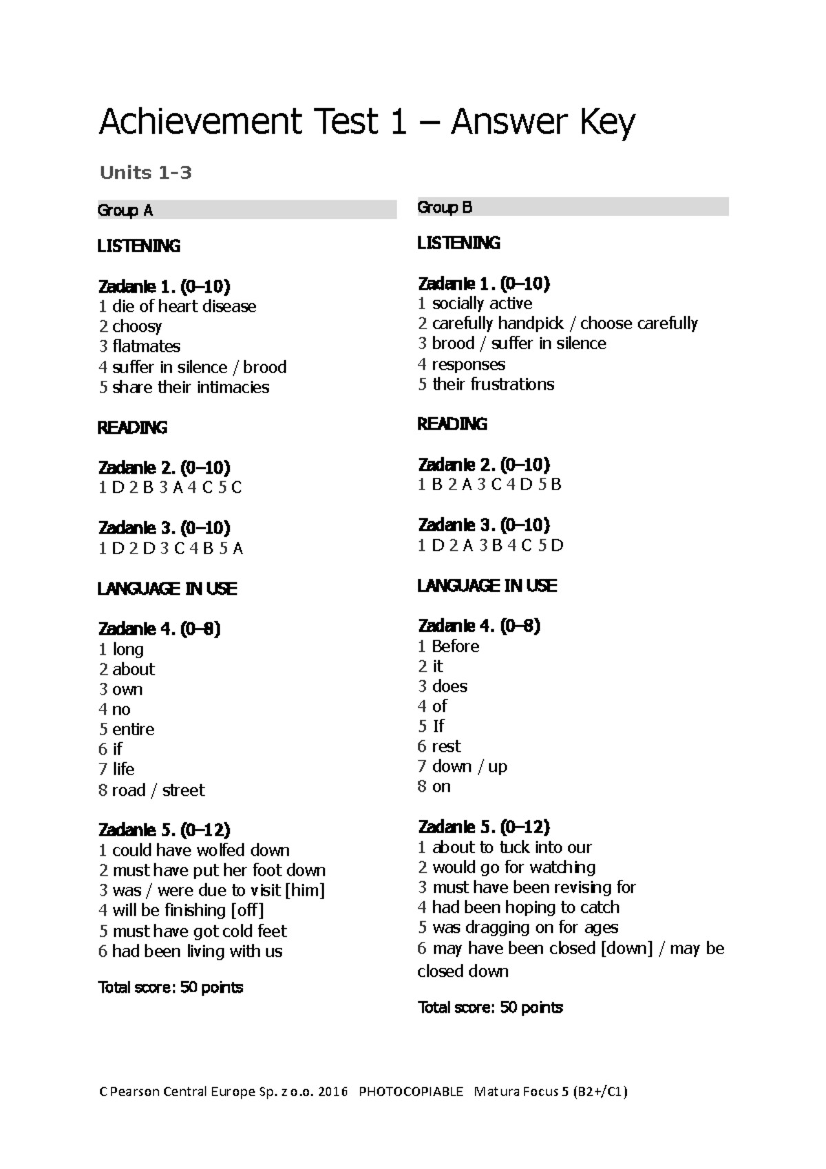 Achievement Test 1 (Units 1-3) Answer Key Groups A i B - Achievement ...