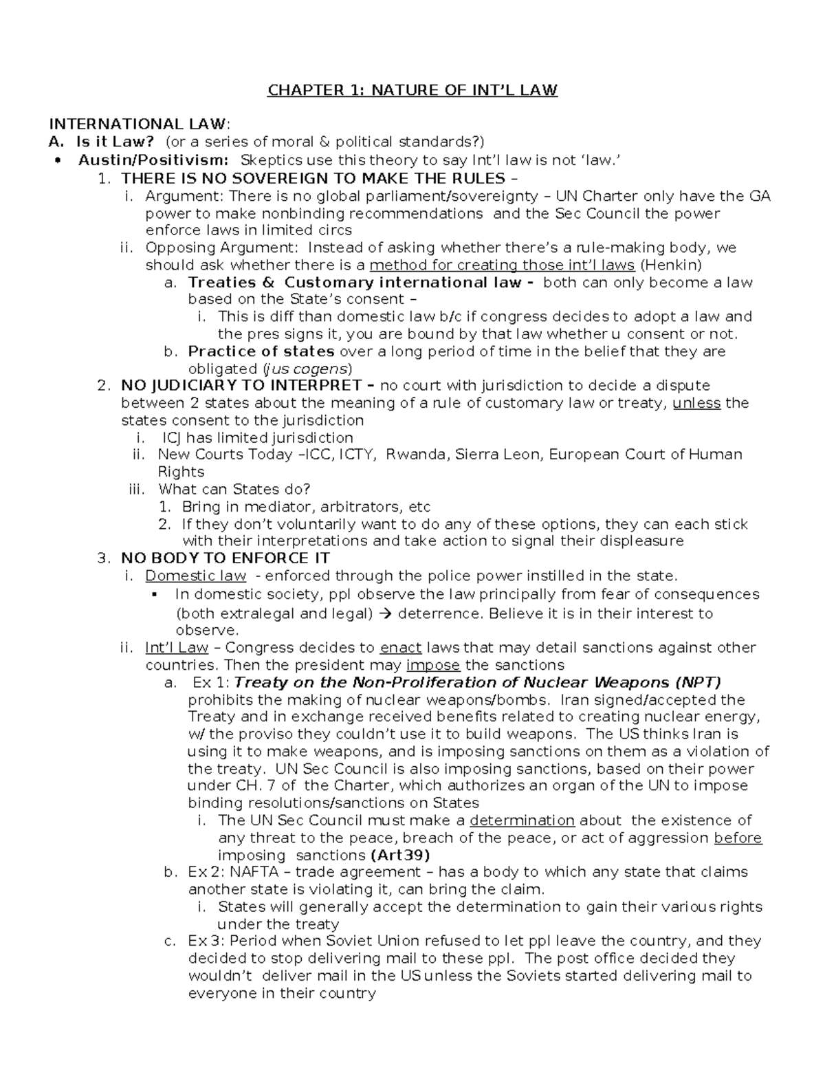 International Law - notes - CHAPTER 1: NATURE OF INT’L LAW ...