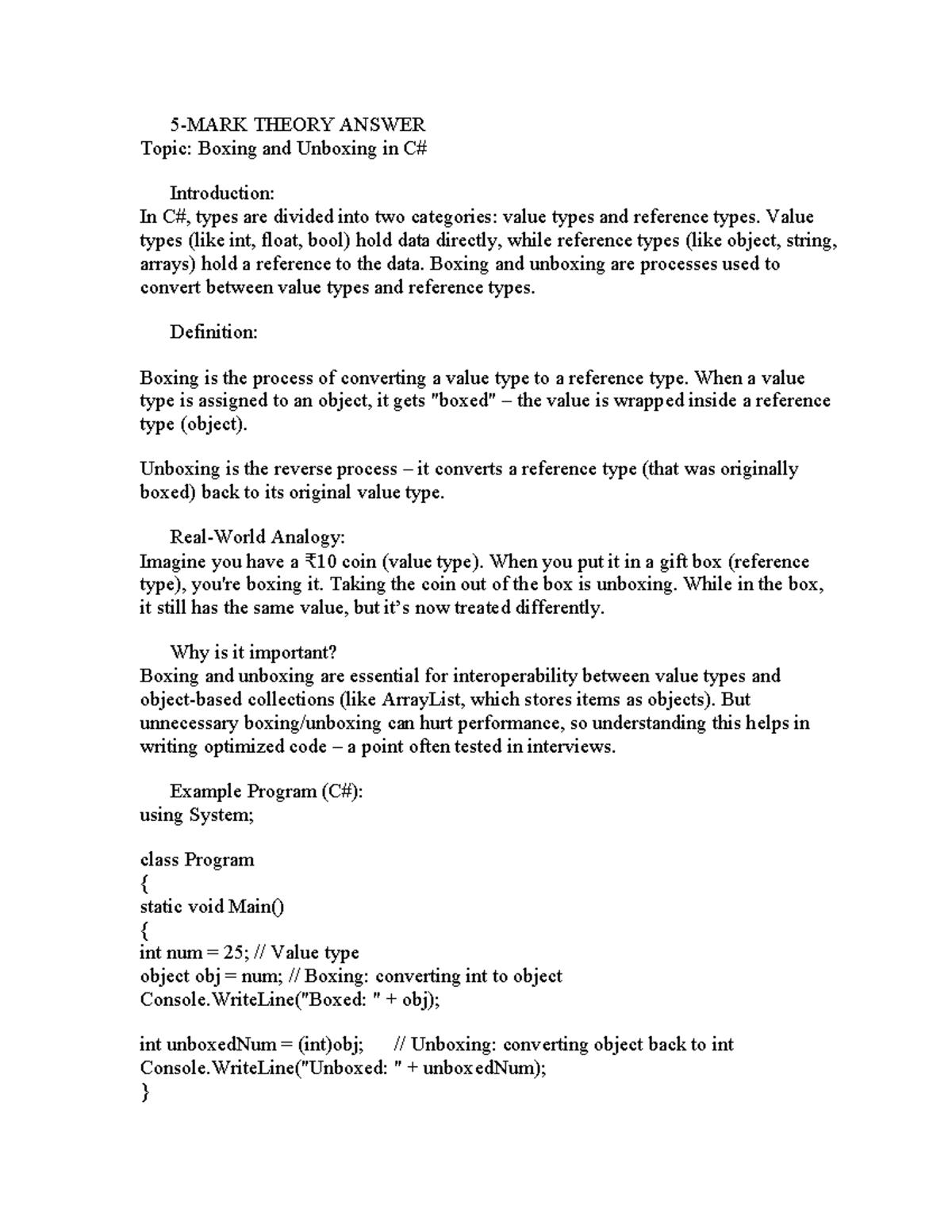 CACS 302 Dot Net Technology: Boxing, Unboxing & Key Concepts Notes ...