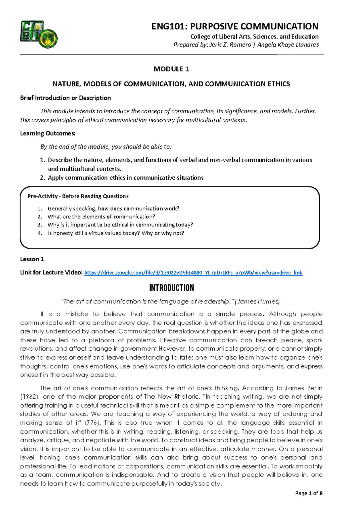 Module 1 Nature, Models of Communication, and Communication Ethics ...