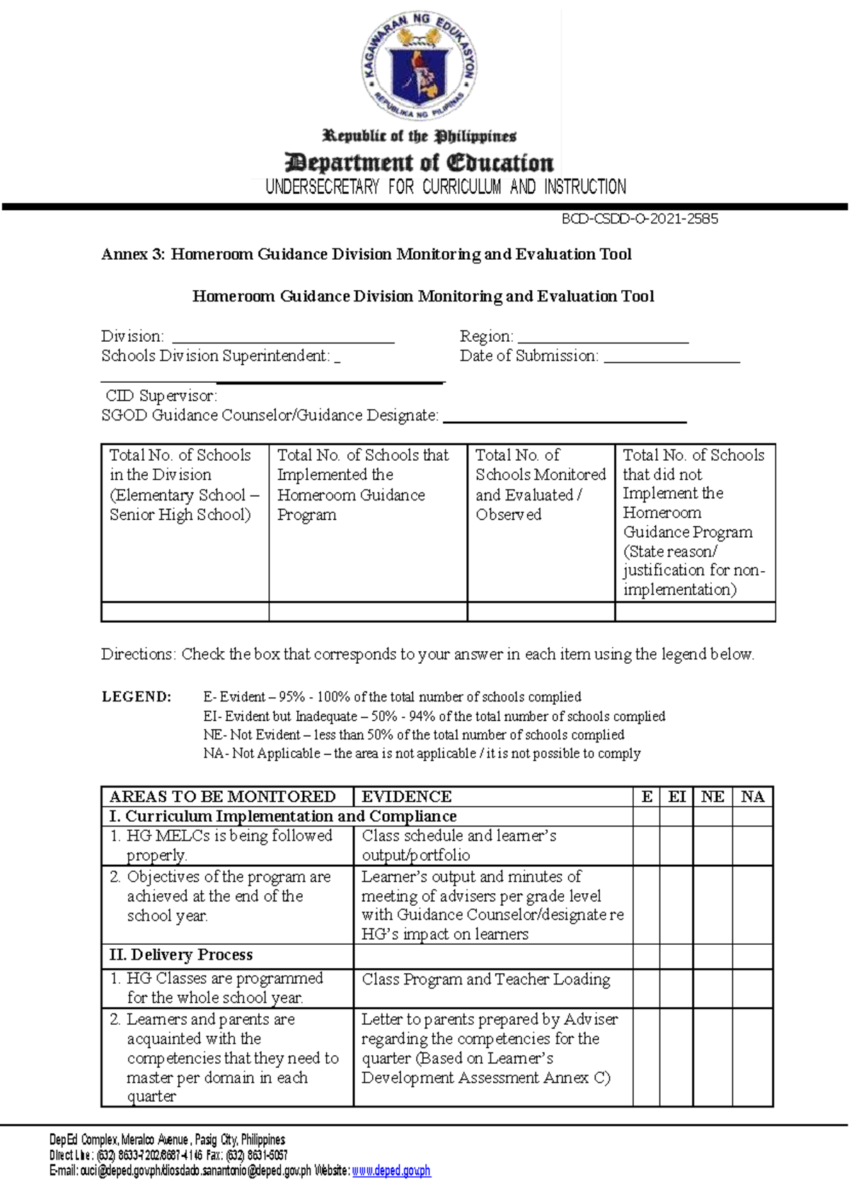 Annex 3: Monitoring & Evaluation Tool for Homeroom Guidance Program ...