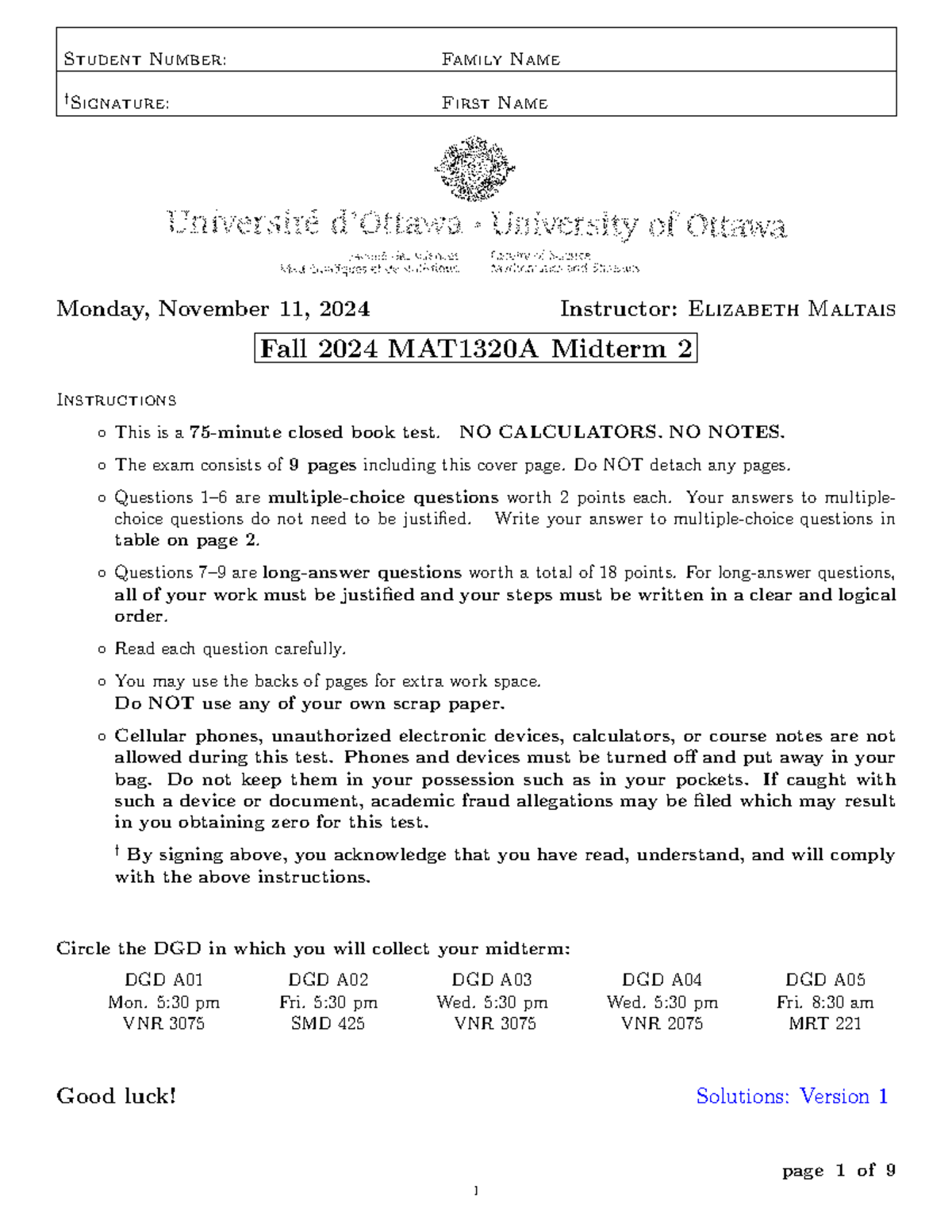 MAT1320 Midterm 2 Fall 2024 Solutions (Version 1) - Studocu