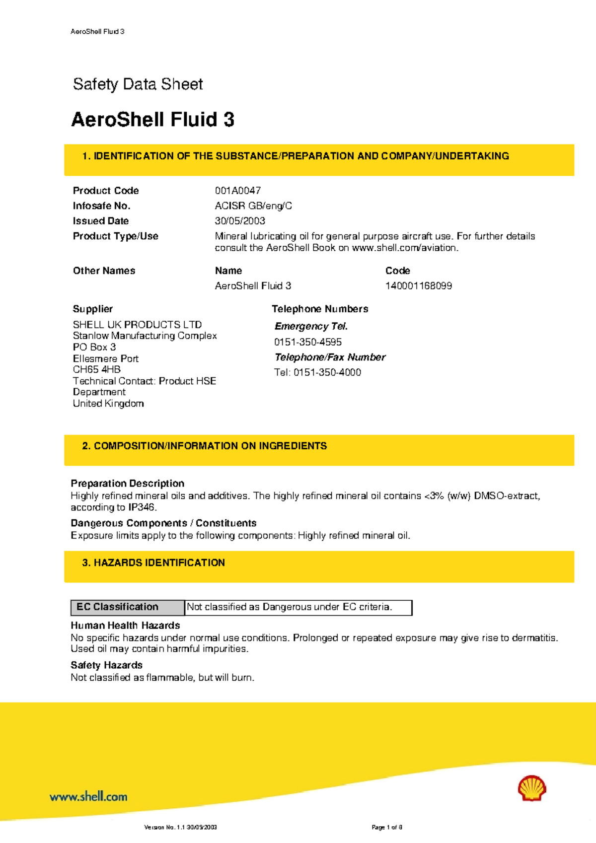 AeroShell Fluid 3 Safety Data Sheet (SDS) - Version 1.1 - Studocu