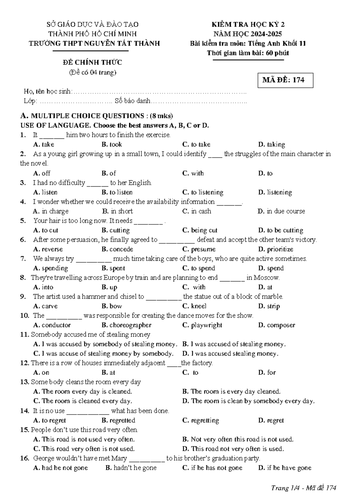 FG11-HK2 - Tiếng Anh Khối 11 Kiểm Tra Học Kỳ 2 2023 - Studocu
