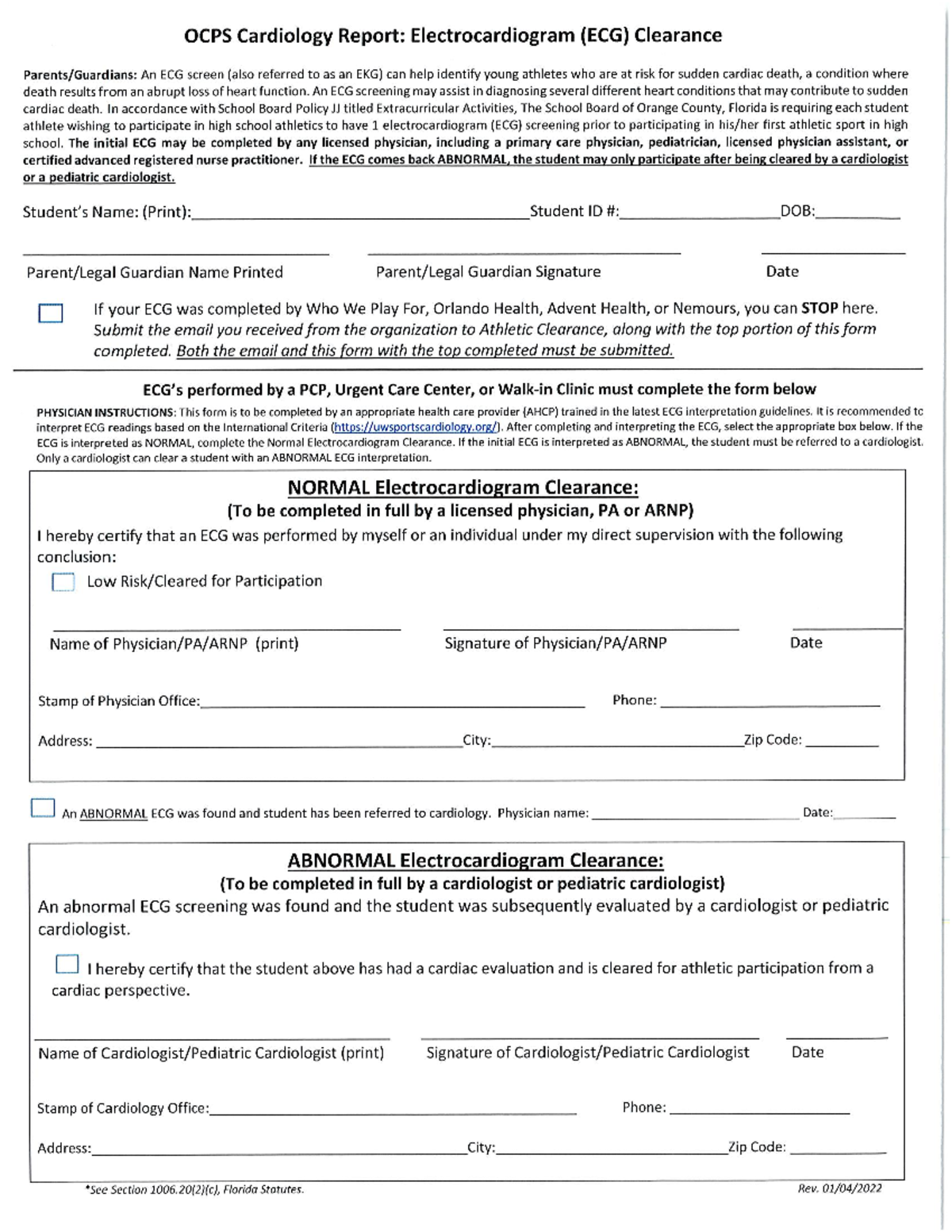 ECG Clearance Form for Student Athletes - OCPS Cardiology 2024 - Studocu
