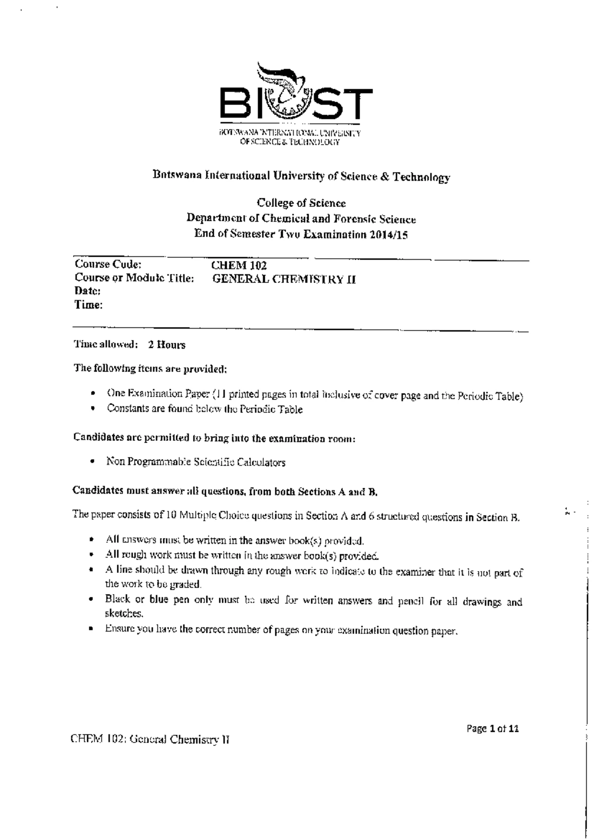 CHEM 102 Final Exam Paper: General Chemistry II - May 2023 - Studocu