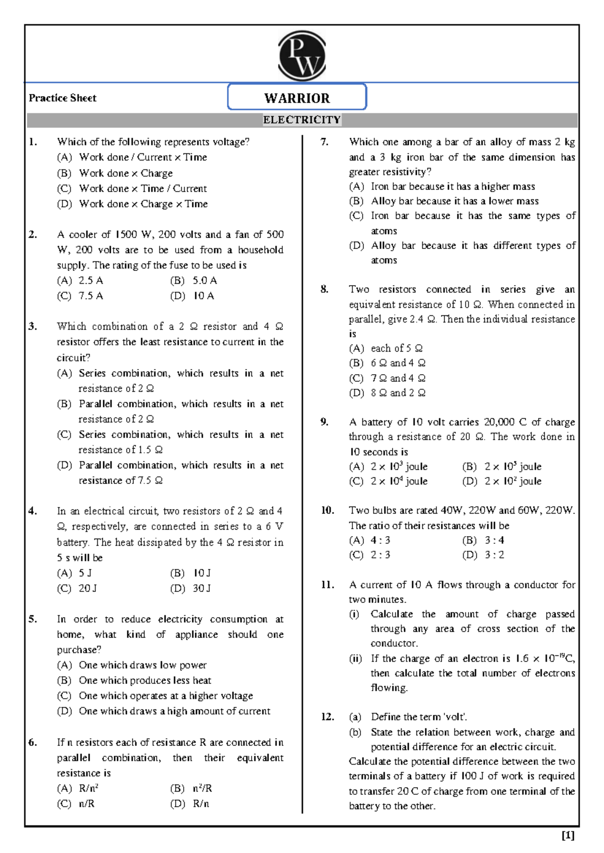 Electricity - Practice Sheet for WARRIOR Course - Studocu