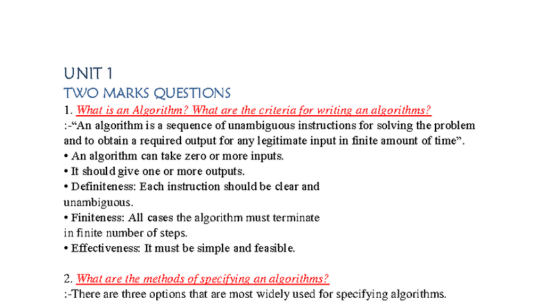 DAA UNIT 1: Two Marks Questions and Answers - Studocu