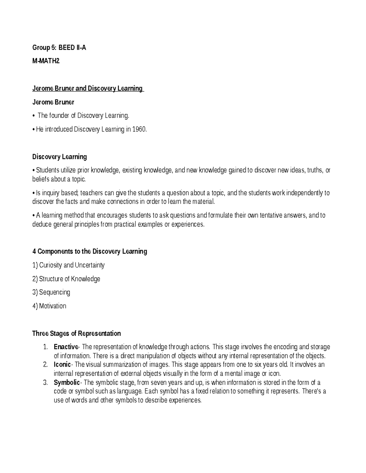 M-MATH2 Final Exam Review: Jerome Bruner & Discovery Learning Concepts ...