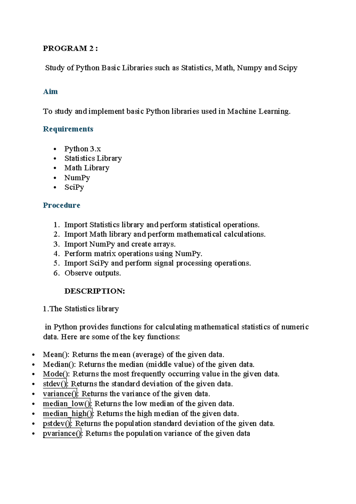 Program 2: Exploring Python Libraries for Machine Learning - Studocu
