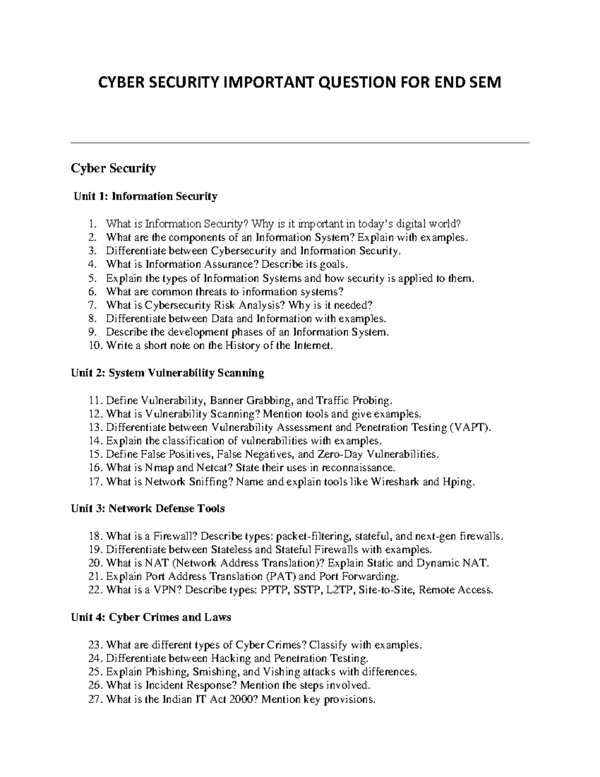 CYBER SECURITY END SEM IMPORTANT QUESTIONS & TOPICS - Studocu