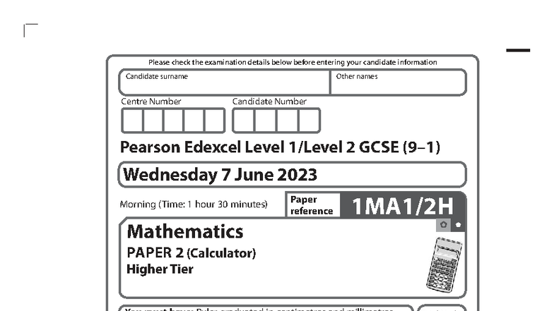 1MA1 2H GCSE Maths Paper - Exam Details & Instructions - Studocu