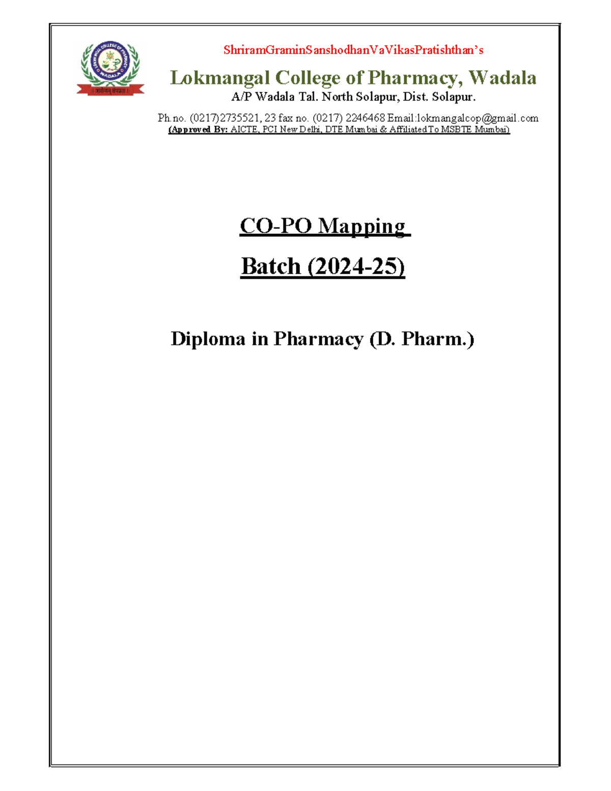 LCP D.Pharm Course Outcomes and Programme Objectives Mapping - Studocu