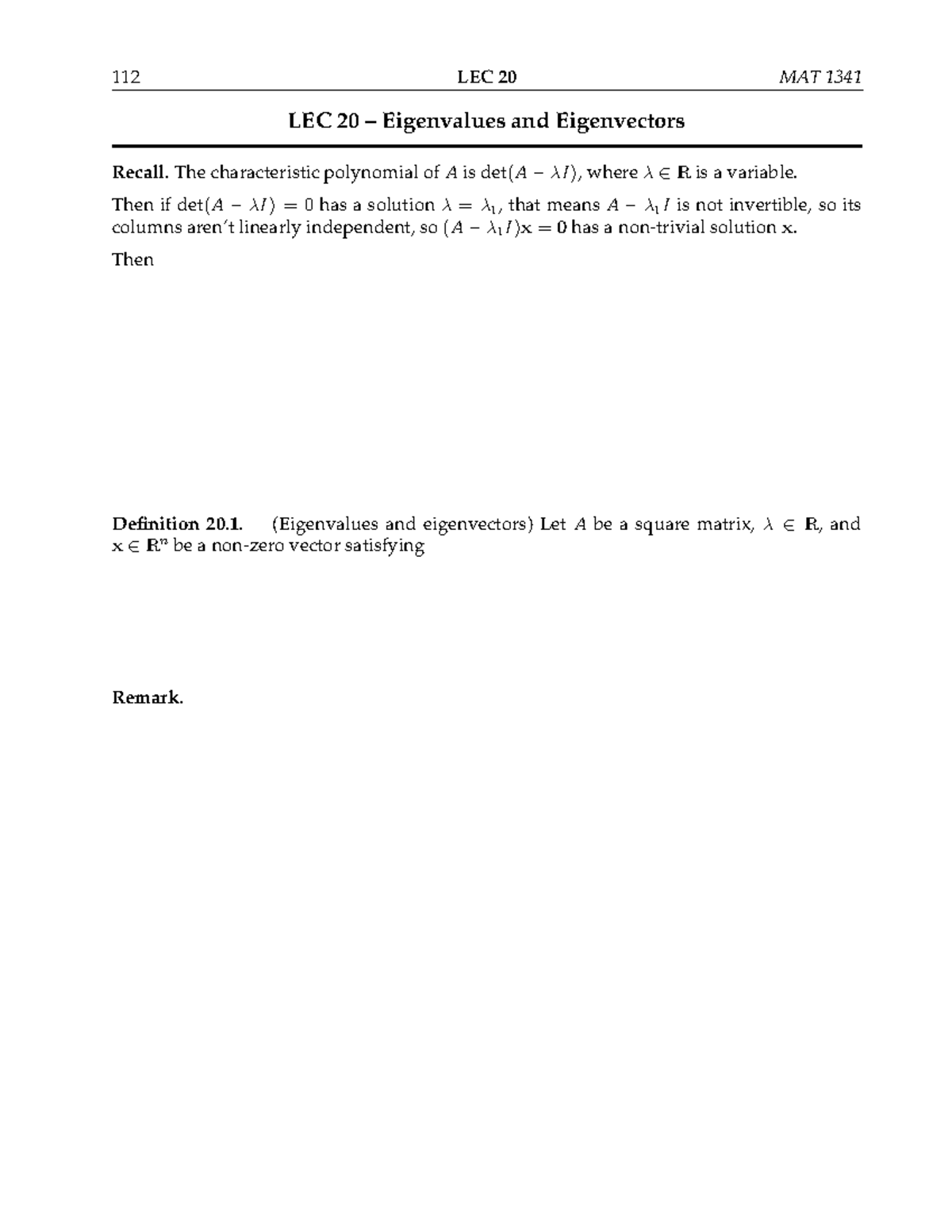 MAT 1341 LEC 20 - Eigenvalues and Eigenvectors Overview - Studocu