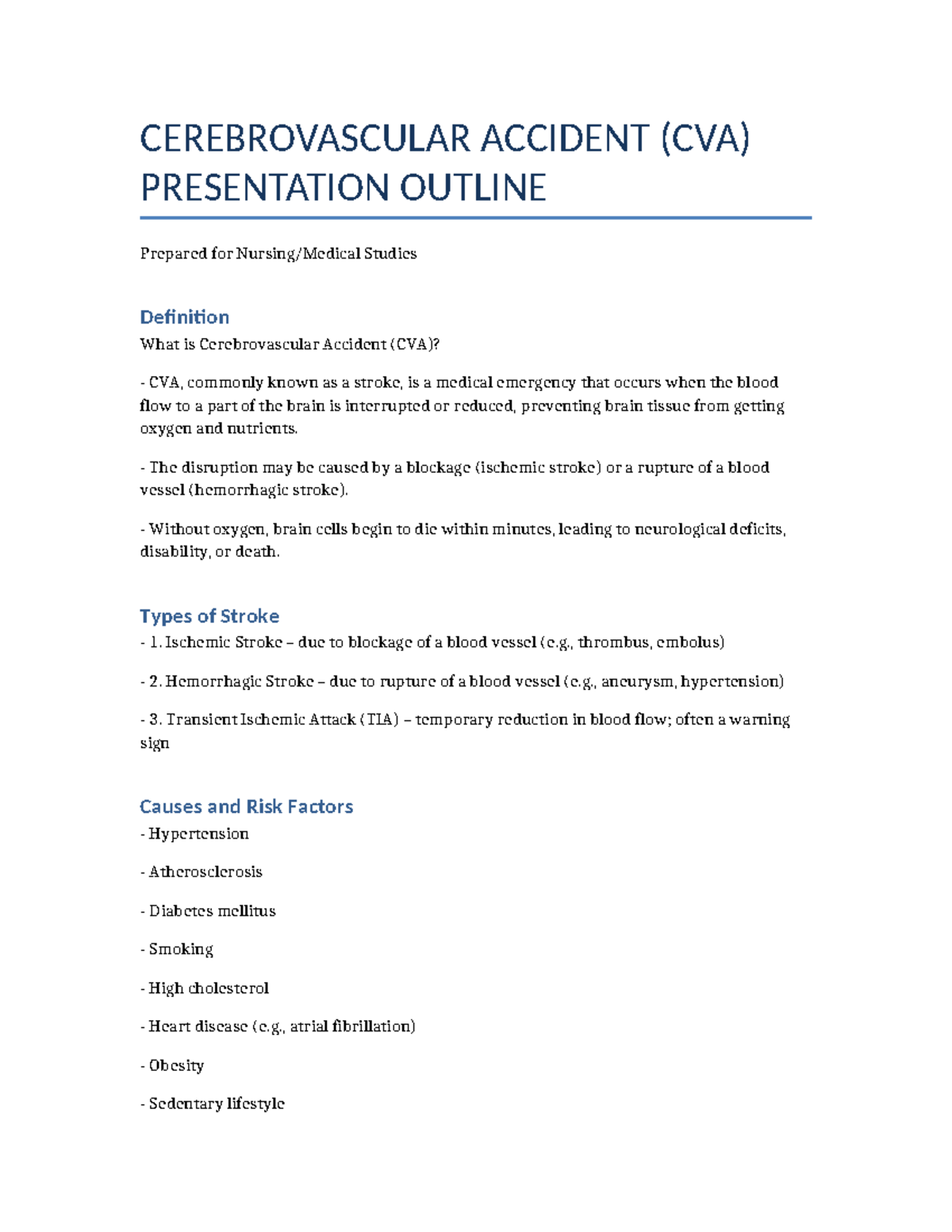 CVA Presentation Outline: Understanding Stroke Types & Management - Studocu