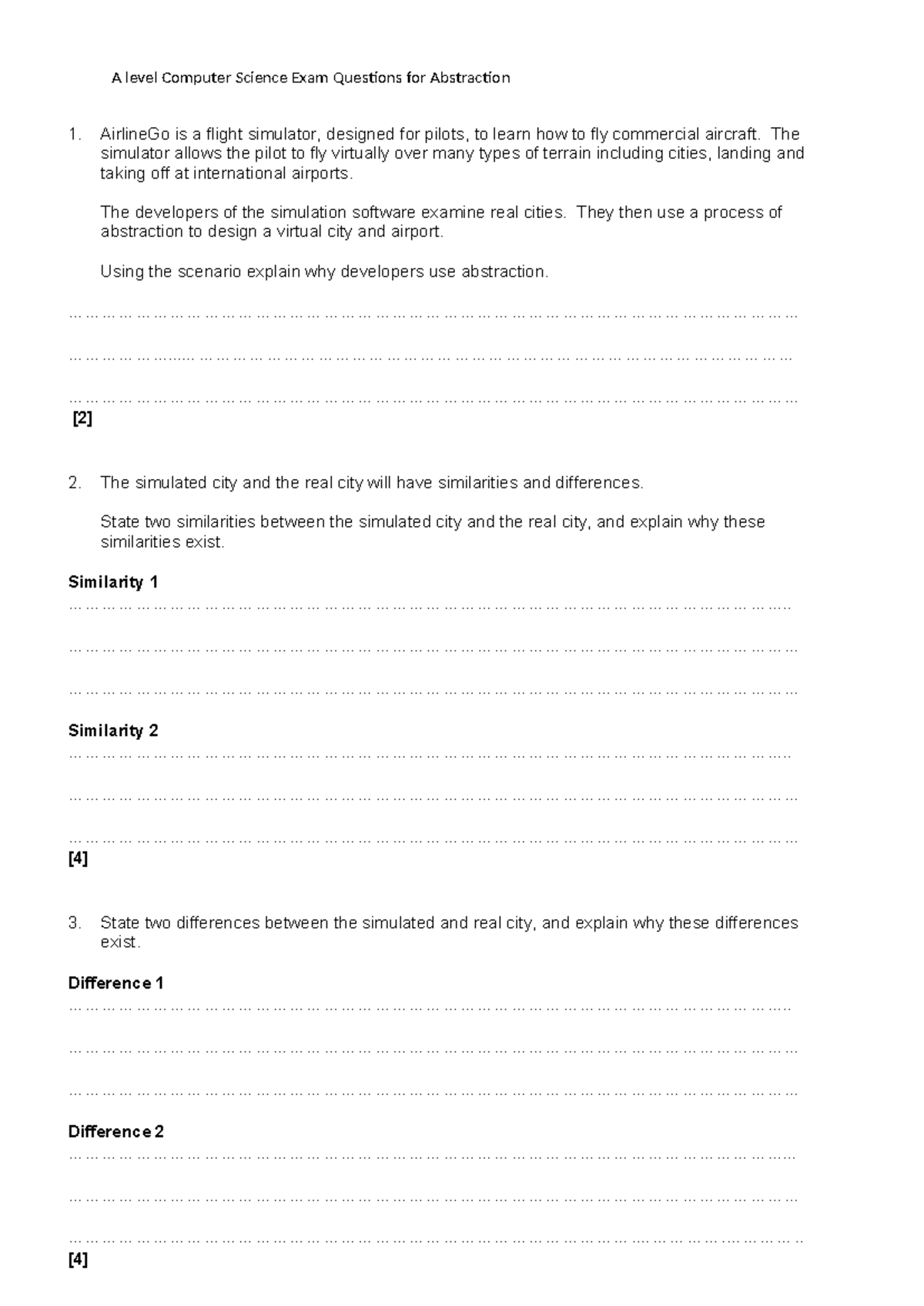 A Level Computer Science Exam: Abstraction Questions and Answers - Studocu