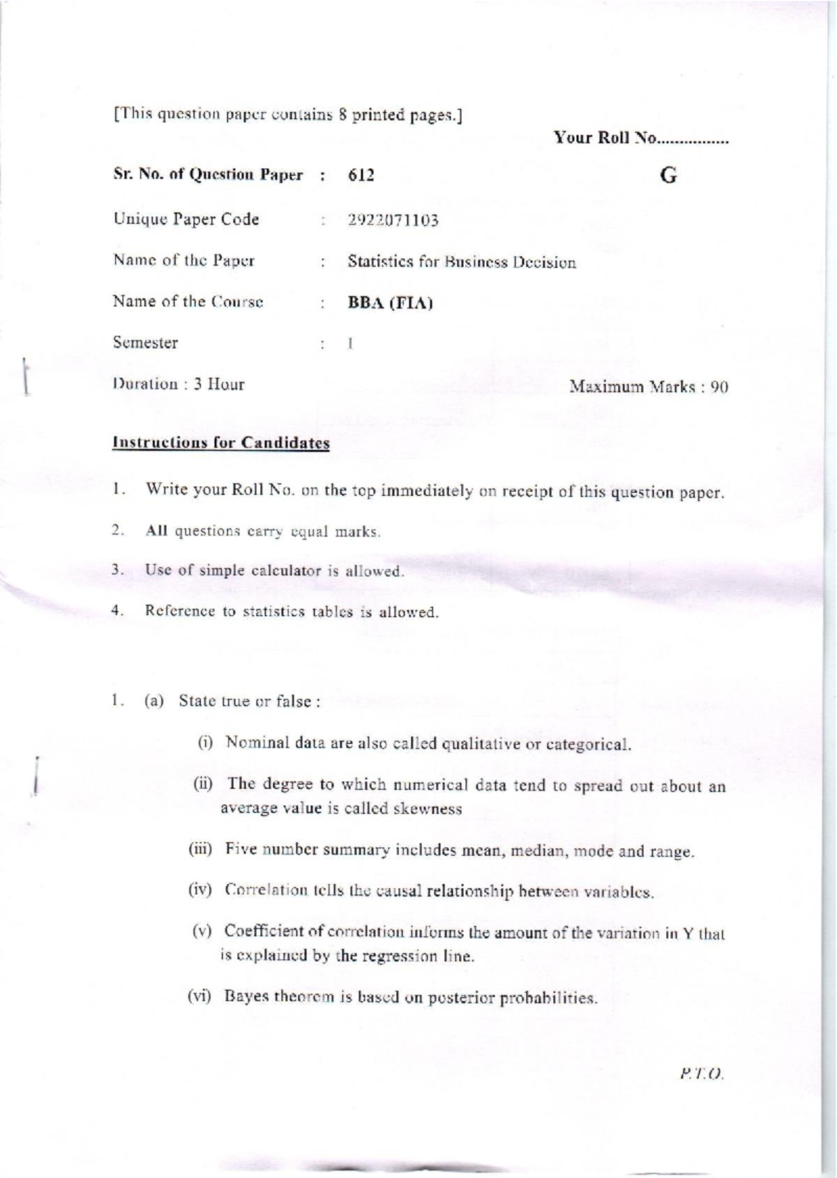 2024 Statistics for Business Decision - question paper contains 8 ...