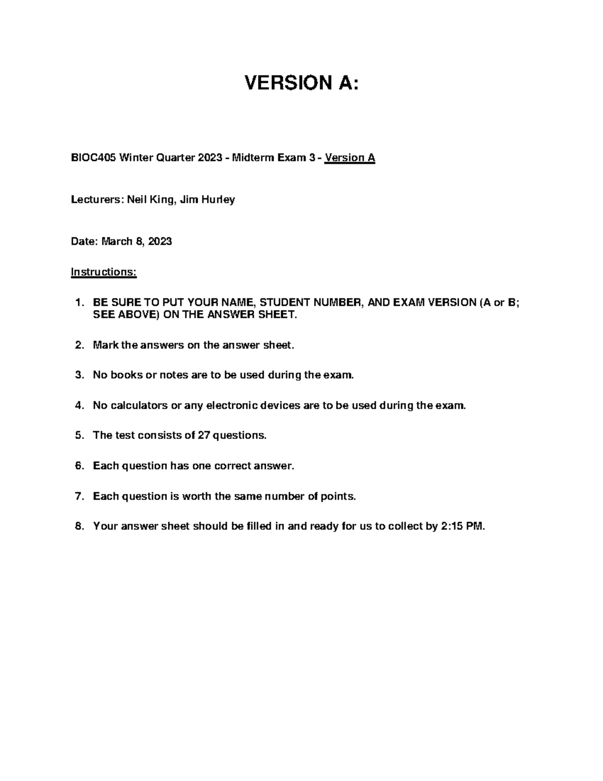 BIOC405 Winter 2023 Midterm Exam 3 Version A Answer Key - Studocu