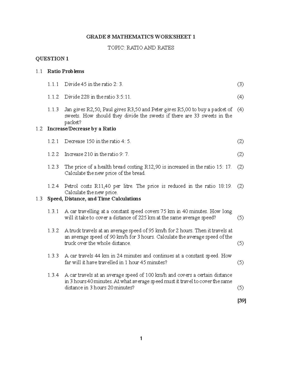 WT2025 GRADE 8 MATH WORKSHEETS: RATIO, RATES & FINANCIAL MATH - Document Preview