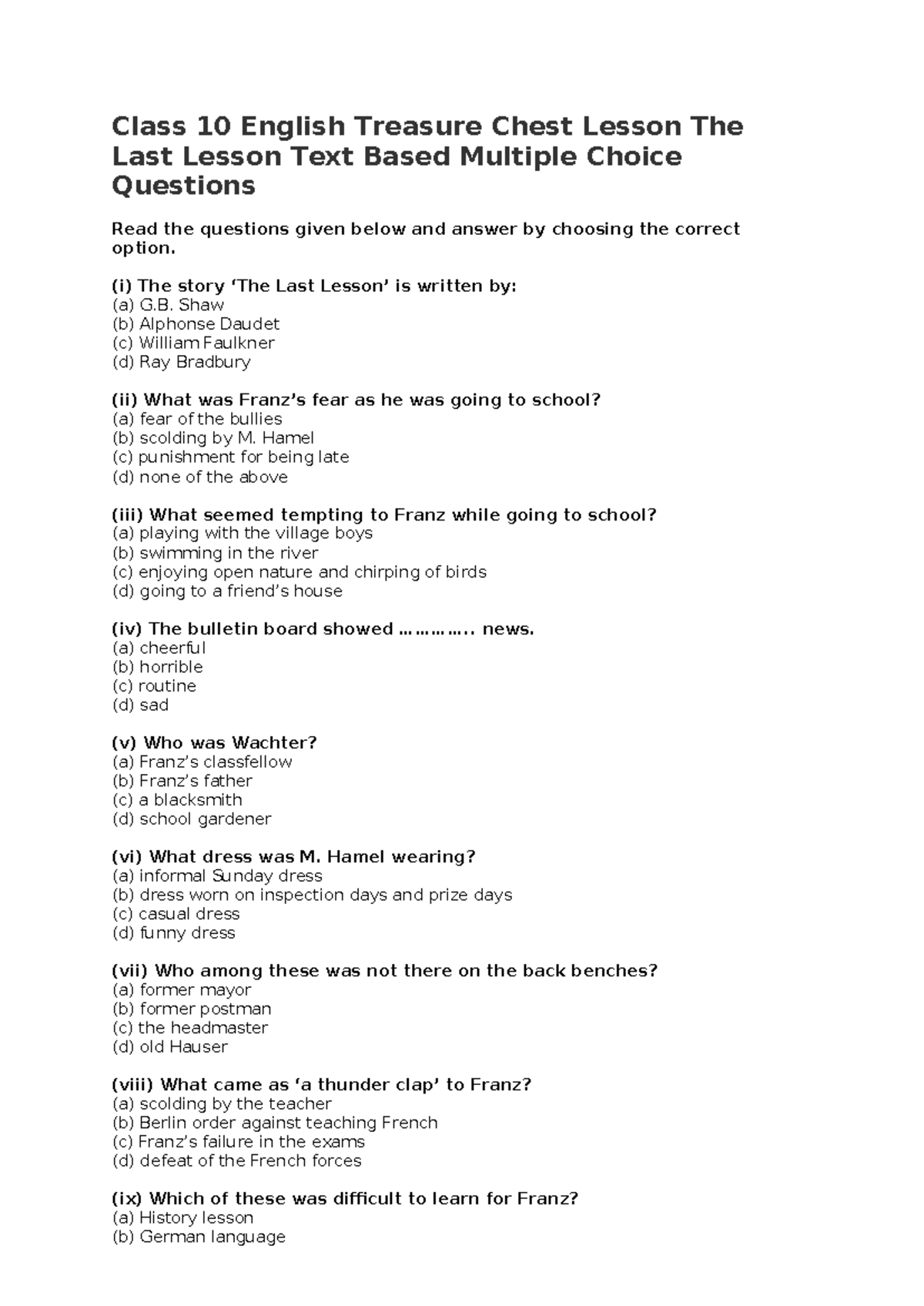 Class 10 English: The Last Lesson MCQ Practice Guide - Studocu