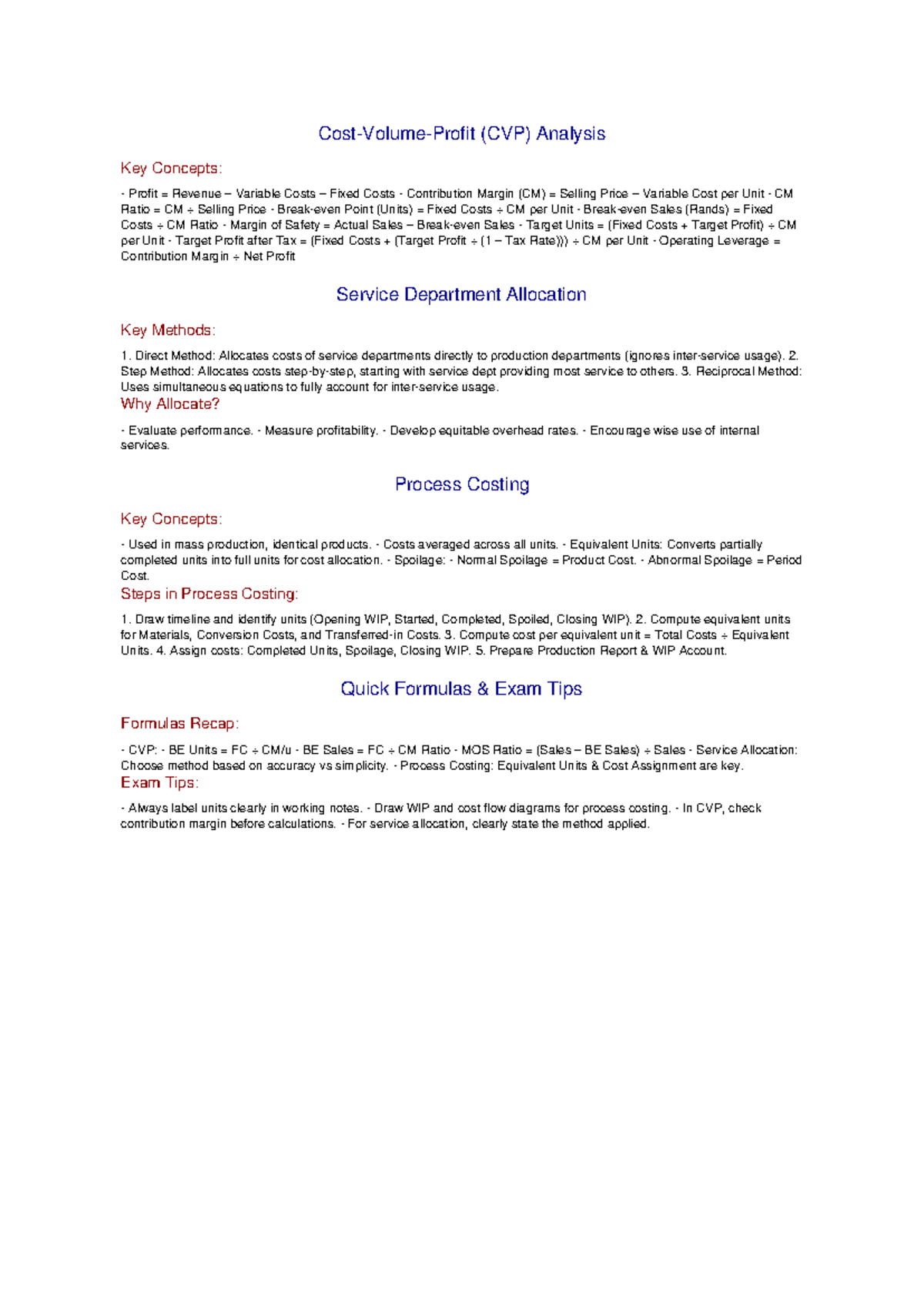 (CVP) Exam Cheat Sheet: Key Concepts on Profit, Costs & Allocation ...