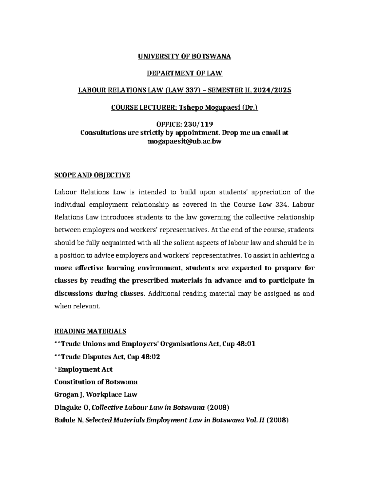 LAW 337 Labour Relations Law Course Outline - Semester II 2025 - Studocu