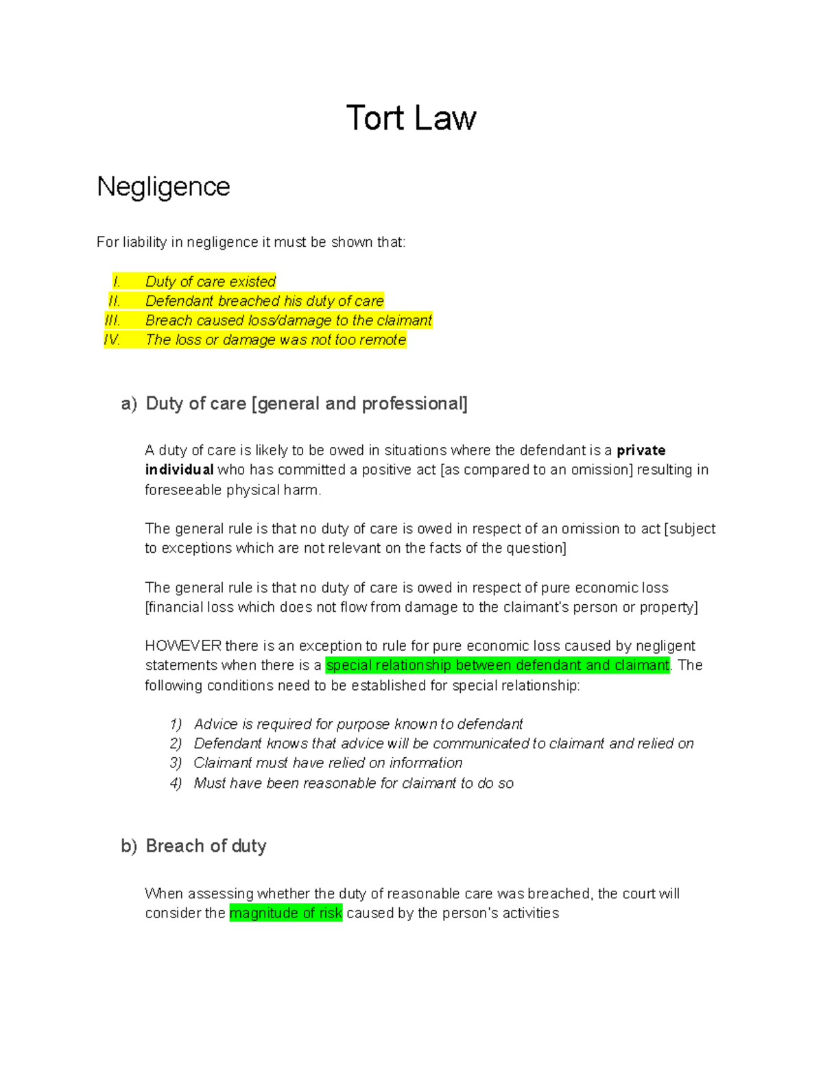TORT LAW - law notes - Tort Law Negligence For liability in negligence ...