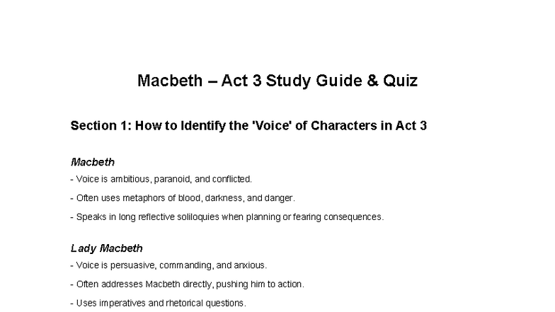 Macbeth Act 3 Study Guide Quiz: Character Voices & Quotes Analysis ...