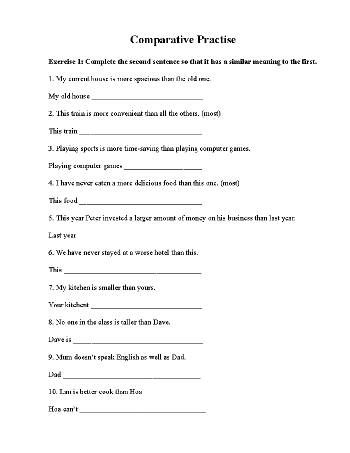 Comparative Practice Exercise - Grammar Practice for Students - Studocu
