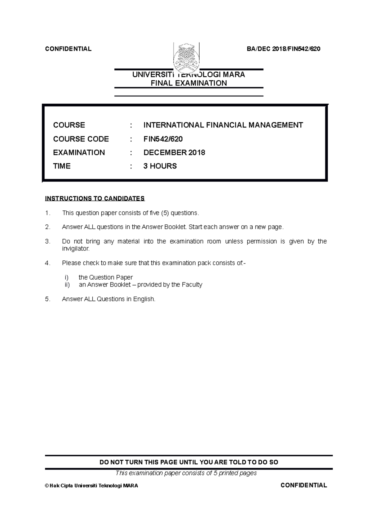 FIN542 FINAL EXAM DEC 2018 - INTERNATIONAL FINANCIAL MANAGEMENT - Studocu