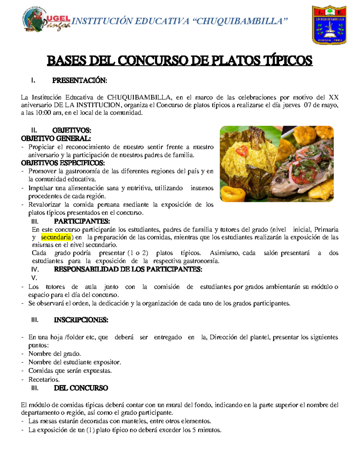 Bases del Concurso de Platos Típicos 2026 en CHUQUIBAMBILLA - Document Preview
