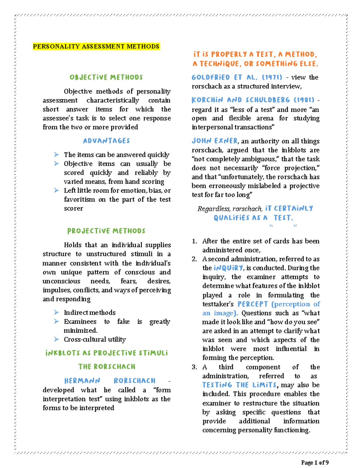 Personality Assessment Methods Overview: Summary Notes for PSY 302 ...