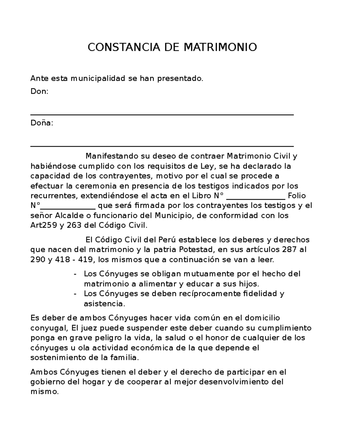 Constancia de Matrimonio Civil - Requisitos y Obligaciones - Document Preview