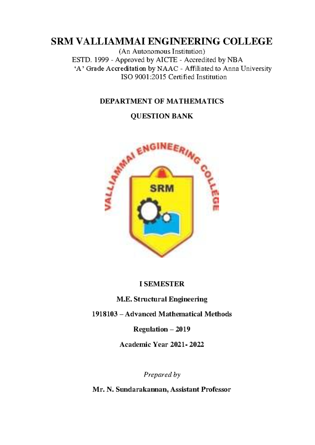 1918103 advanced mathematical methods - SRM VALLIAMMAI ENGINEERING ...