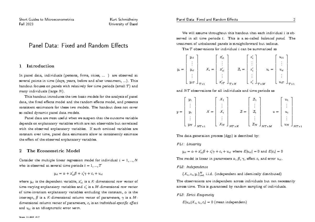 Panel Data Analysis: Fixed vs Random Effects - Microeconometrics (Fall ...