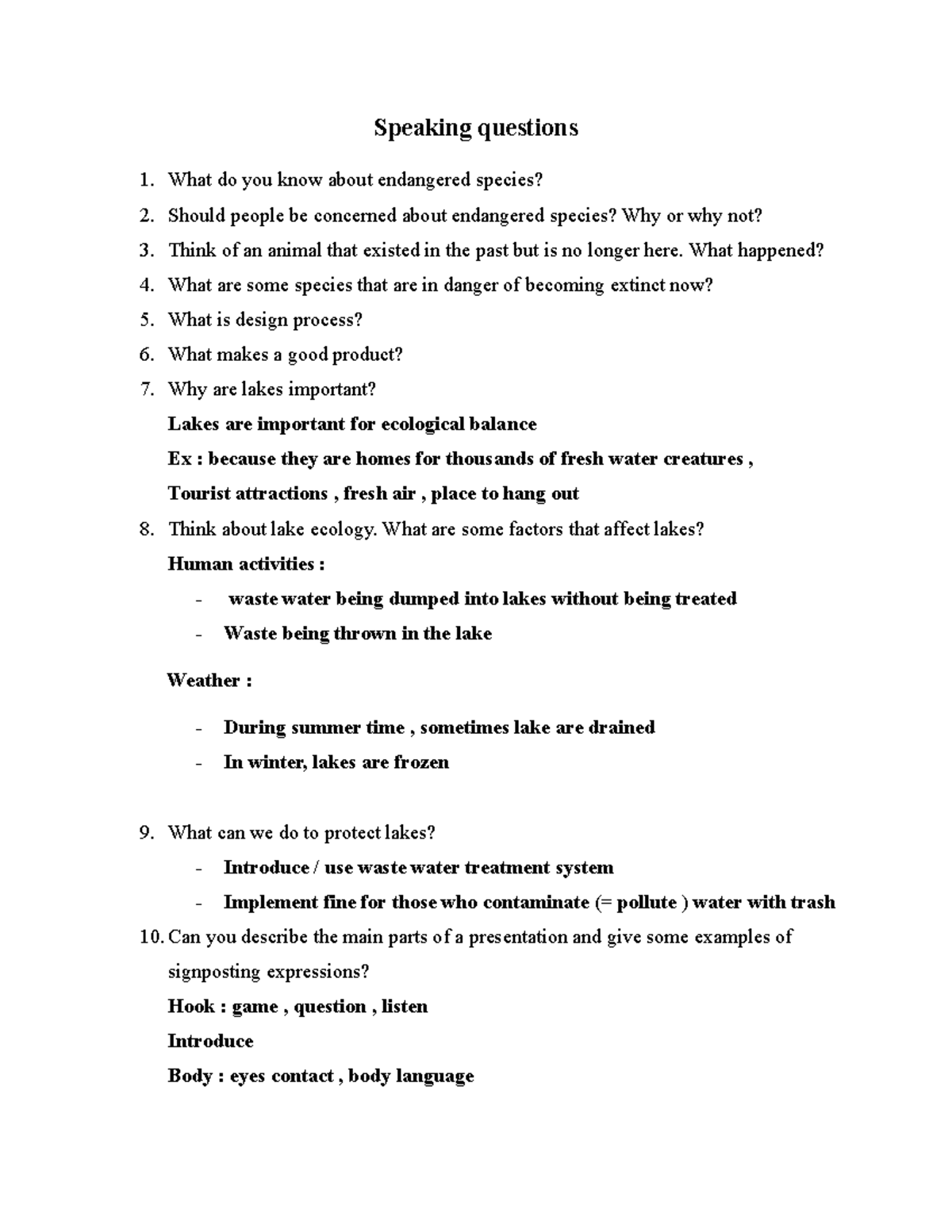 Speaking Revision Questions for Environmental & Presentation Topics ...