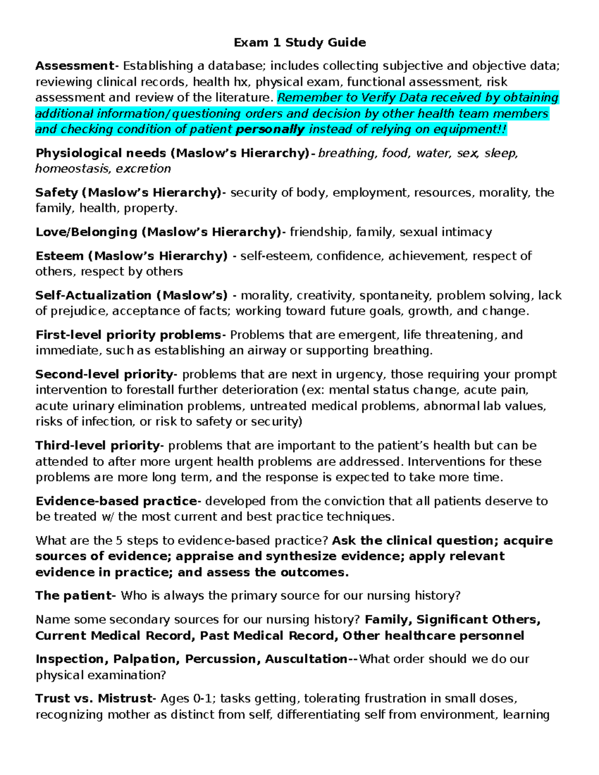 NUR 101 Exam 1 Study Guide: Key Concepts and Evidence-Based Practice ...