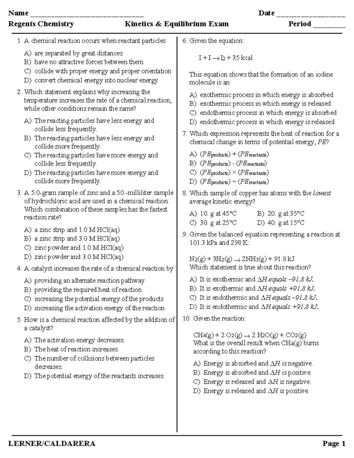 ML Kinetics & Equilibrium Exam 1: Multiple Choice Questions - Studocu