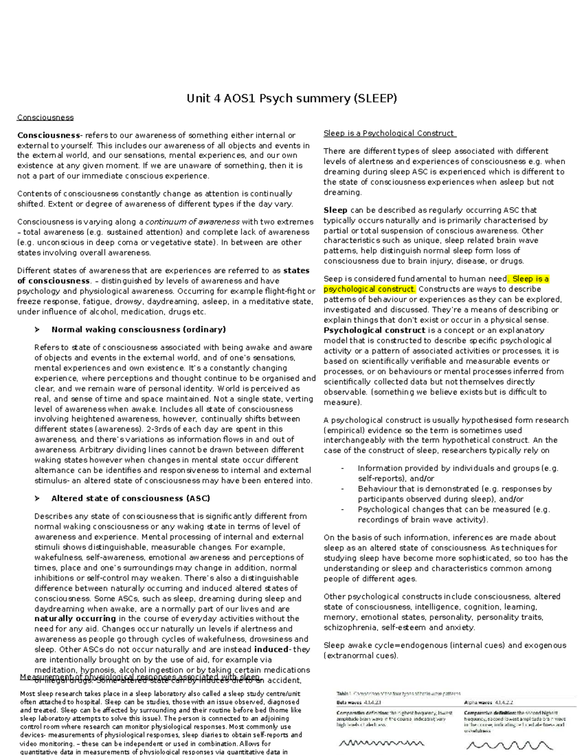 Psych Unit 4 AOS1 Summary: Understanding Sleep and Consciousness - Studocu