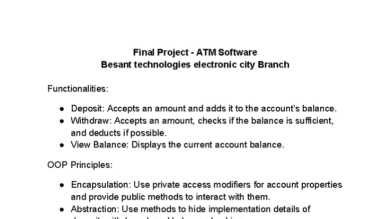 Java Online Final Project: ATM Software Functionalities - Studocu
